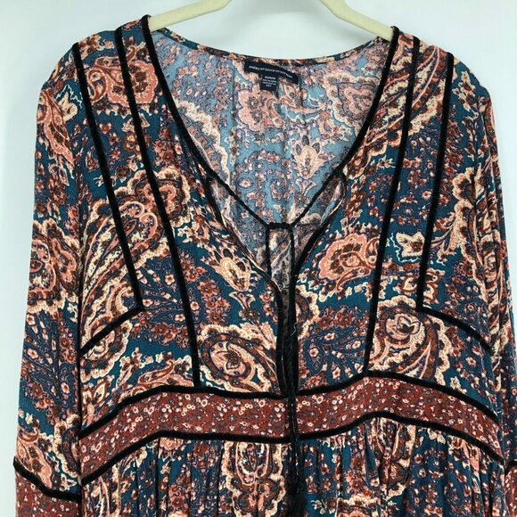 American Eagle Rustic colored Boho Retro Paisley Print Long Bell Sleeve Blouse M - Picture 13 of 16